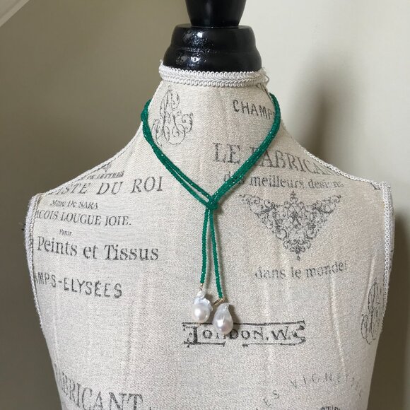 Joie DiGiovanni Lariat Gold Filled Onyx Pearl Necklace Womens Green White Beaded - Picture 4 of 13